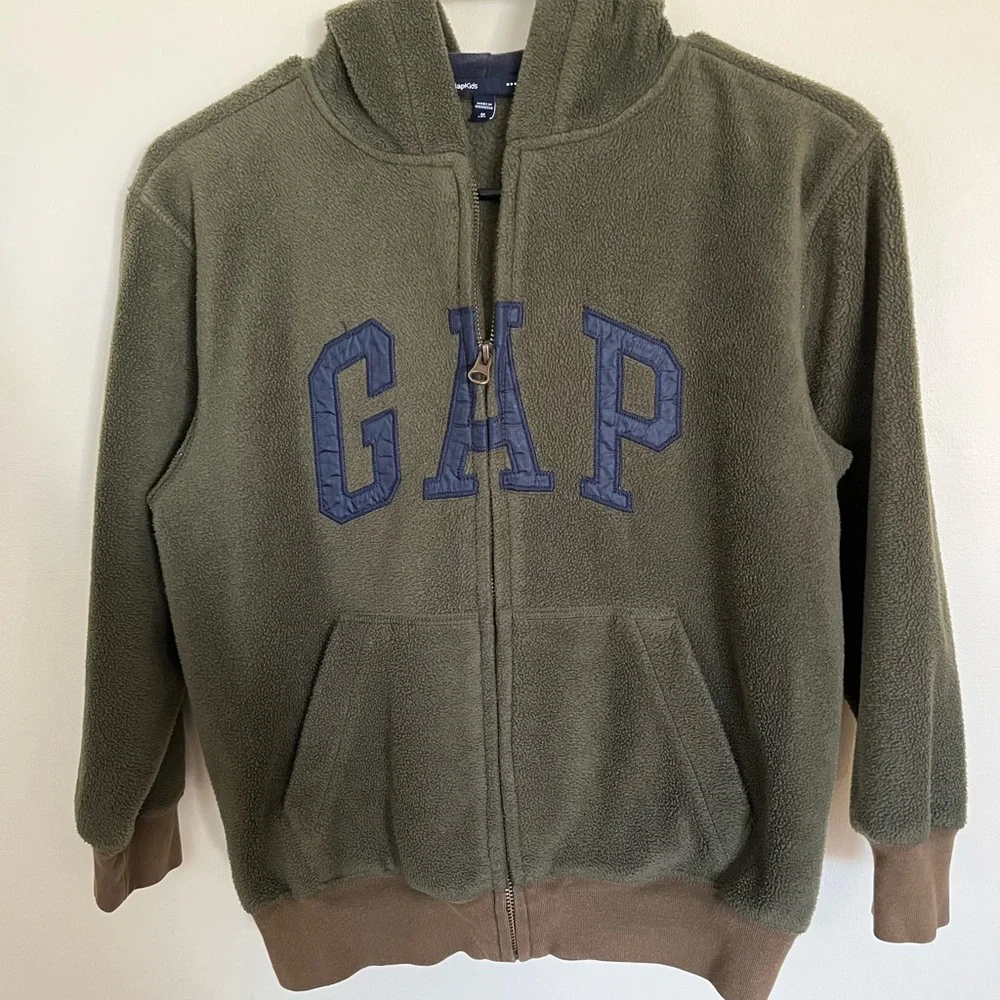 Gap boys hooded zipper sweatshirt -olive green/blue, cozy, size 8